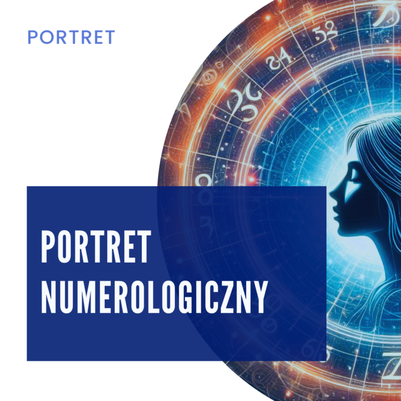 Grafika promująca portret numerologiczny. Na ilustracji widoczny jest profil kobiety w otoczeniu symboli astrologicznych i numerologicznych, na tle energetycznego, kosmicznego wzoru. Tekst 'Portret numerologiczny' umieszczony na ciemnoniebieskim tle.