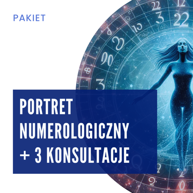 Grafika promująca pakiet: portret numerologiczny z 3 konsultacjami. Na tle w kolorach kosmosu widoczna jest sylwetka kobiety w błękitnej poświacie, otoczona symbolami numerologicznymi. Na niebieskim tle umieszczono napis 'Portret numerologiczny + 3 konsultacje.