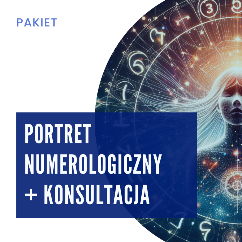 Grafika promująca pakiet: portret numerologiczny z konsultacją. Na ilustracji profil kobiety otoczonej kosmicznymi symbolami numerologicznymi, w energetycznych kolorach. Na niebieskim tle umieszczono napis 'Portret numerologiczny + konsultacja'.