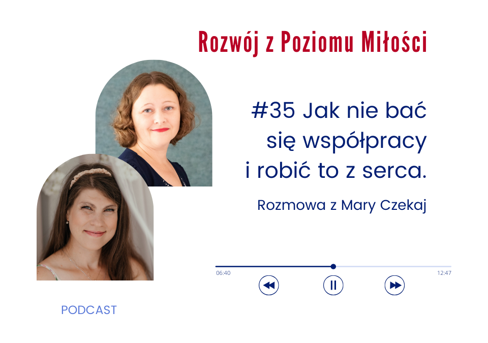 Grafika: Dwa zdjęcia z kobietami w osobnych półokrągłych ramkach. Tekst: Rozwój z Poziomu Miłości. #35 Jak nie bać się współpracy i robić to z serca. Rozmowa z Mary Czekaj. Podcast