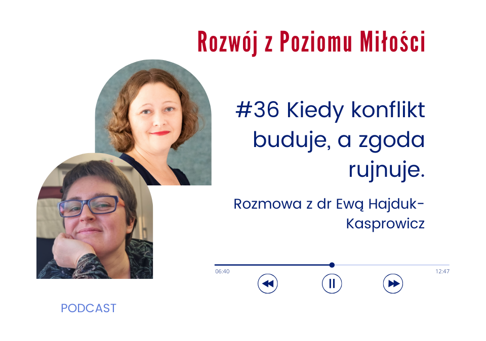 Grafika: dwa zdjęcia portretowe kobiet. Jest w okularach z brodą oparta na ręce. Tekst: Podcast Rozwój z Poziomu Miłości. #36 Kiedy konflikt buduje, a zgoda rujnuje. Rozmowa z dr Ewą Hajduk-Kasprowicz.