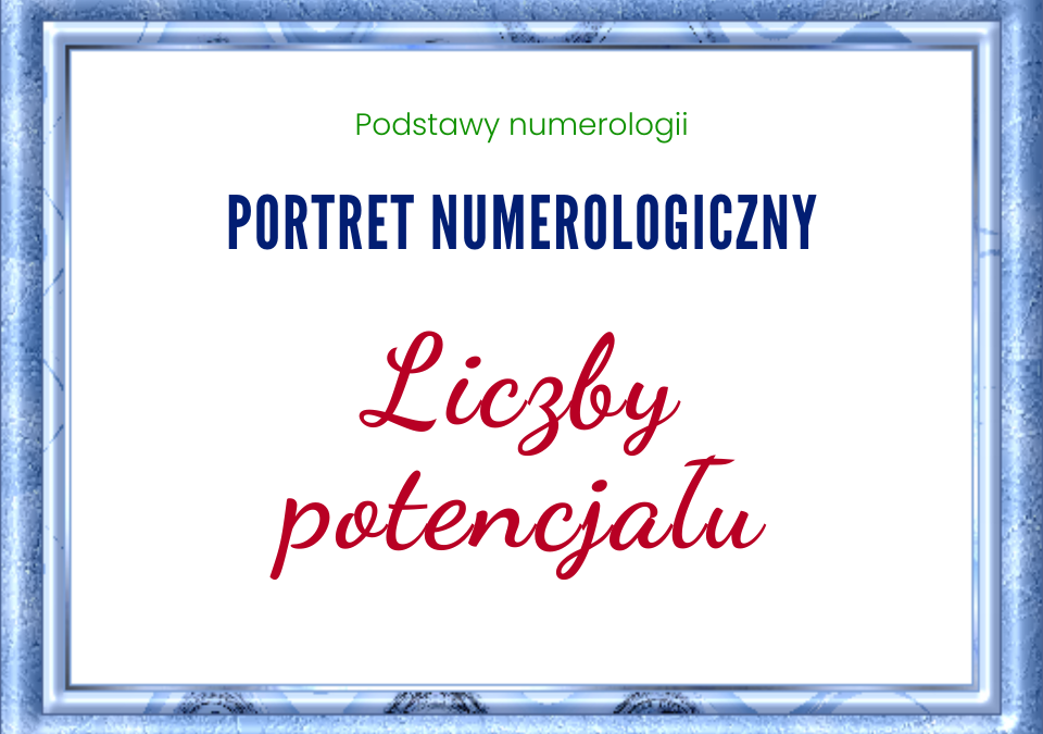 Grafika - tekst w niebieskiej ramie. Tekst: Portret numerologiczny, Podstawy numerologii, Liczby potencjału