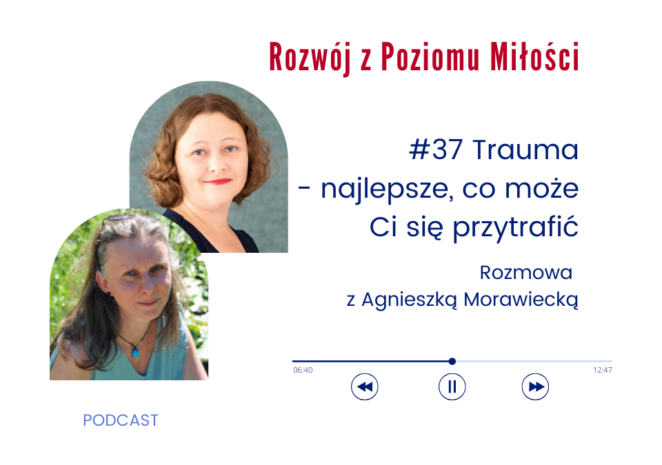 Grafika, zdjęcia dwóch kobiet w ramkach jedno nad drugim. Tekst: #37 Trauma - najlepsze, co może Ci się przytrafić Rozmowa z Agnieszką Morawiecką, Podcast Rozwój z Poziomu Miłości.