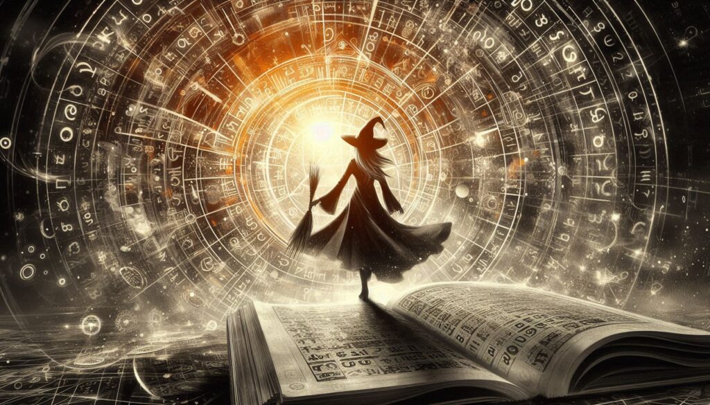 Kobieta w kapeluszu wiedźmy, trzymająca miotłę, stoi na otwartej księdze z magicznymi symbolami. W tle widać kręgi złożone z mistycznych znaków i numerów, które wirują wokół jasnego źródła światła, tworząc mistyczną i magiczną atmosferę.