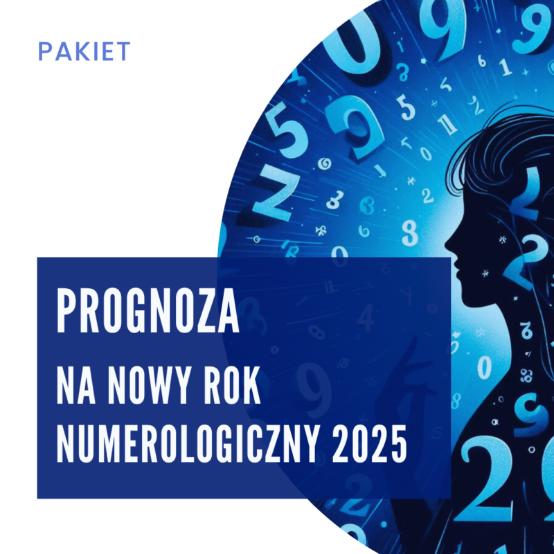 Ilustracja przedstawiająca profil kobiety na tle niebieskiego kosmosu z wirującymi wokół niej cyframi. Tytuł na grafice brzmi: 'Prognoza na nowy rok numerologiczny 2025 - Pakiet'