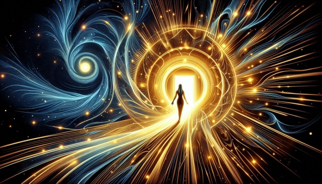 Grafika przedstawiająca symboliczną postać kobiety przechodzącą przez świetlisty portal.