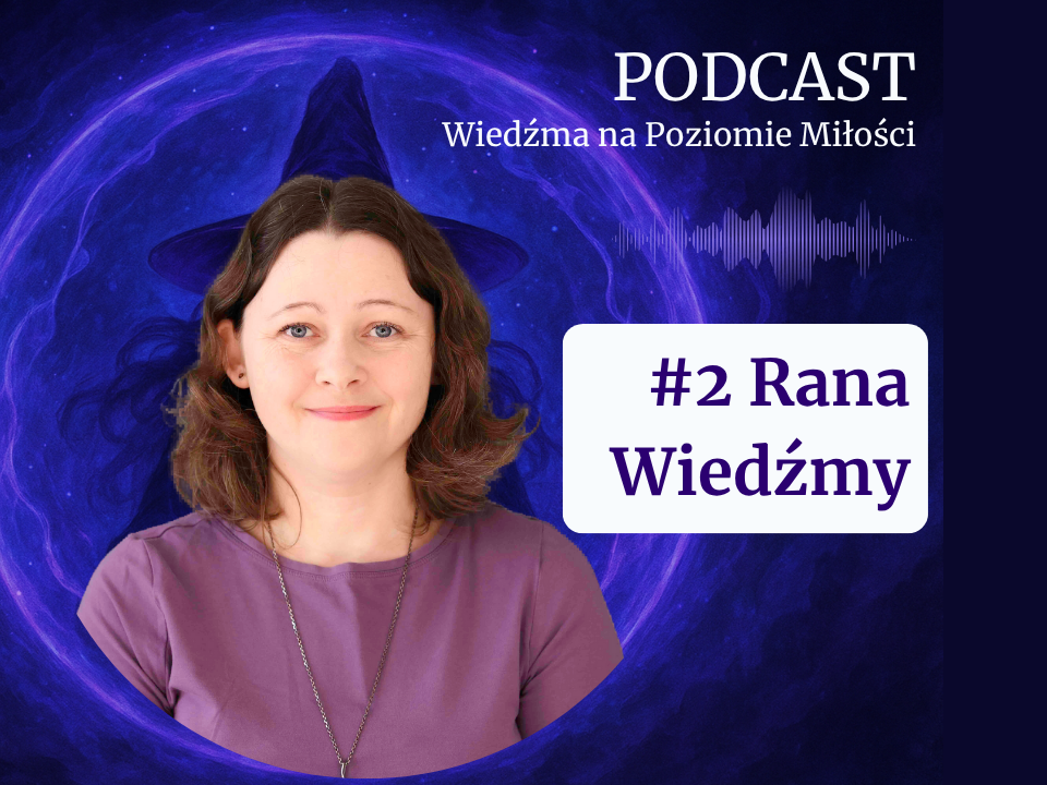 Grafika wpisu z linkiem do podcastu "Wiedźma na Poziomie Miłości" pt. Rana Wiedźmy. Na grafice tytuł i portret autorki, Agaty Kulińskiej