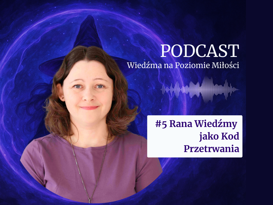 Grafika do odcinka podcastu Wiedźma na Poziomie Miłości. Tekst: Rana Wiedźmy, jako Kod Przetrwania. Zdjęcie autorki