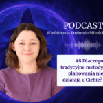 Grafika promująca 8. odcinek podcastu „Wiedźma na Poziomie Miłości”. Po lewej stronie znajduje się uśmiechnięta kobieta w fioletowej koszulce, przedstawiona na tle fioletowej, mistycznej aury z zarysem kapelusza Wiedźmy. Po prawej stronie widnieje napis „PODCAST Wiedźma na Poziomie Miłości”, symbol fali dźwiękowej oraz biała plansza z tytułem: „#8 Dlaczego tradycyjne metody planowania nie działają u Ciebie?”