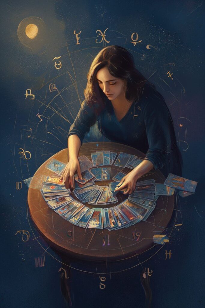 Kompas Wiedźmy - kobieta przy okrągłym stoliku rozkłada karty . W tle liczby i symbole astrologiczne