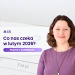 Agata Kulińska na jasnym tle obok grafiki kalendarza. Po lewej stronie widnieje napis: „#45 Co nas czeka w lutym 2026?” oraz fioletowa belka z tytułem cyklu „PIĄTEK Z NUMERAMI”.