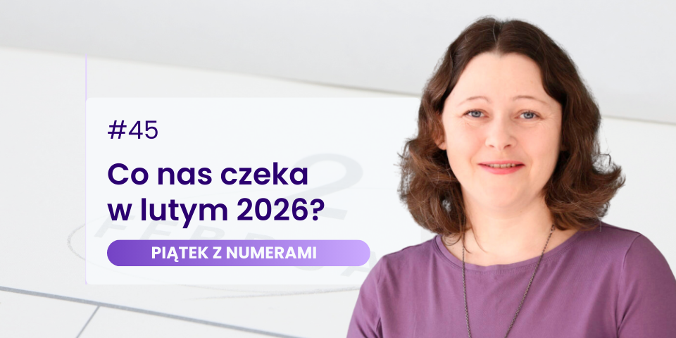 Agata Kulińska na jasnym tle obok grafiki kalendarza. Po lewej stronie widnieje napis: „#45 Co nas czeka w lutym 2026?” oraz fioletowa belka z tytułem cyklu „PIĄTEK Z NUMERAMI”.