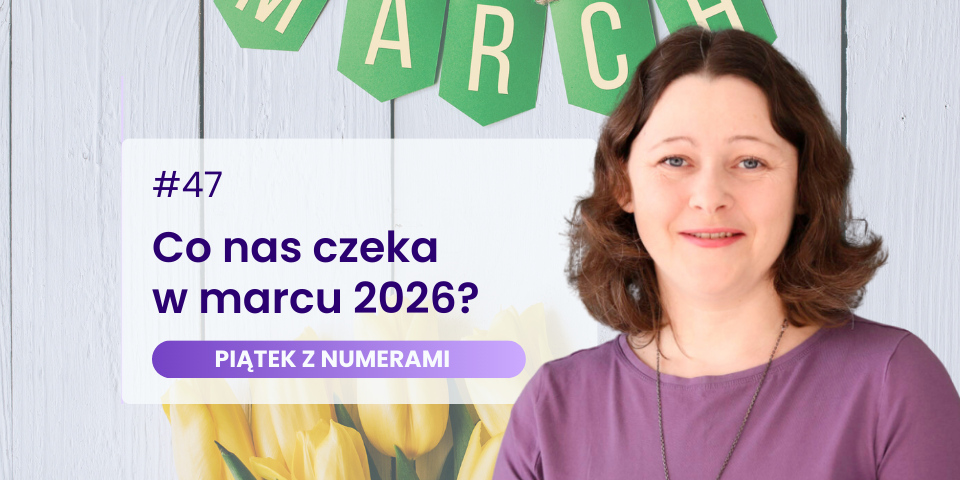 Agata Kulińska na grafice promującej podcast Piątek z numerami nr 47: Co nas czeka w marcu 2026? W tle zielony napis MARCH i żółte tulipany.