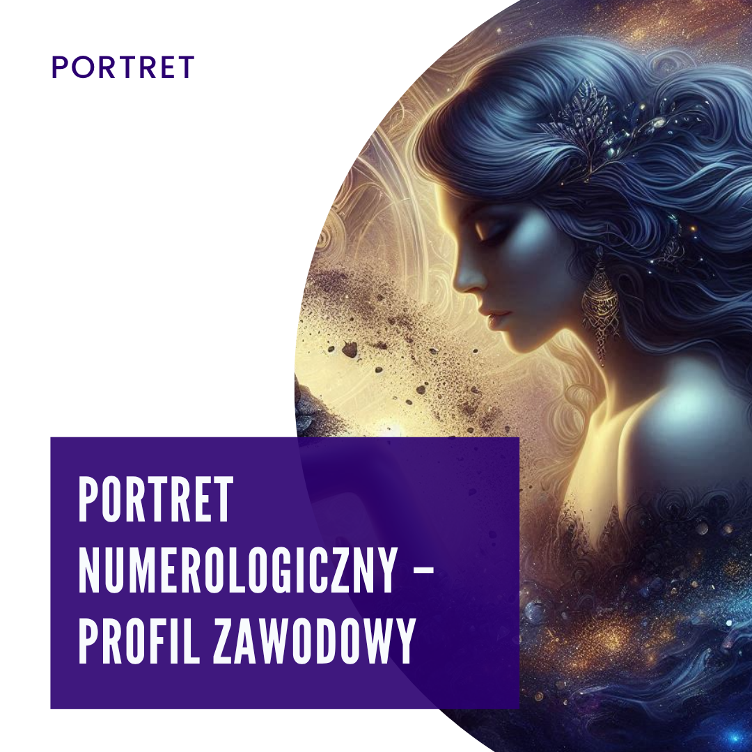 Grafika produktowa z napisem „PORTRET NUMEROLOGICZNY – PROFIL ZAWODOWY”. Po prawej stronie w okrągłym wycięciu widoczny jest mistyczny, kosmiczny portret kobiety z profilu z motywem gwiazd i galaktyk, w odcieniach fioletu, granatu i złota.