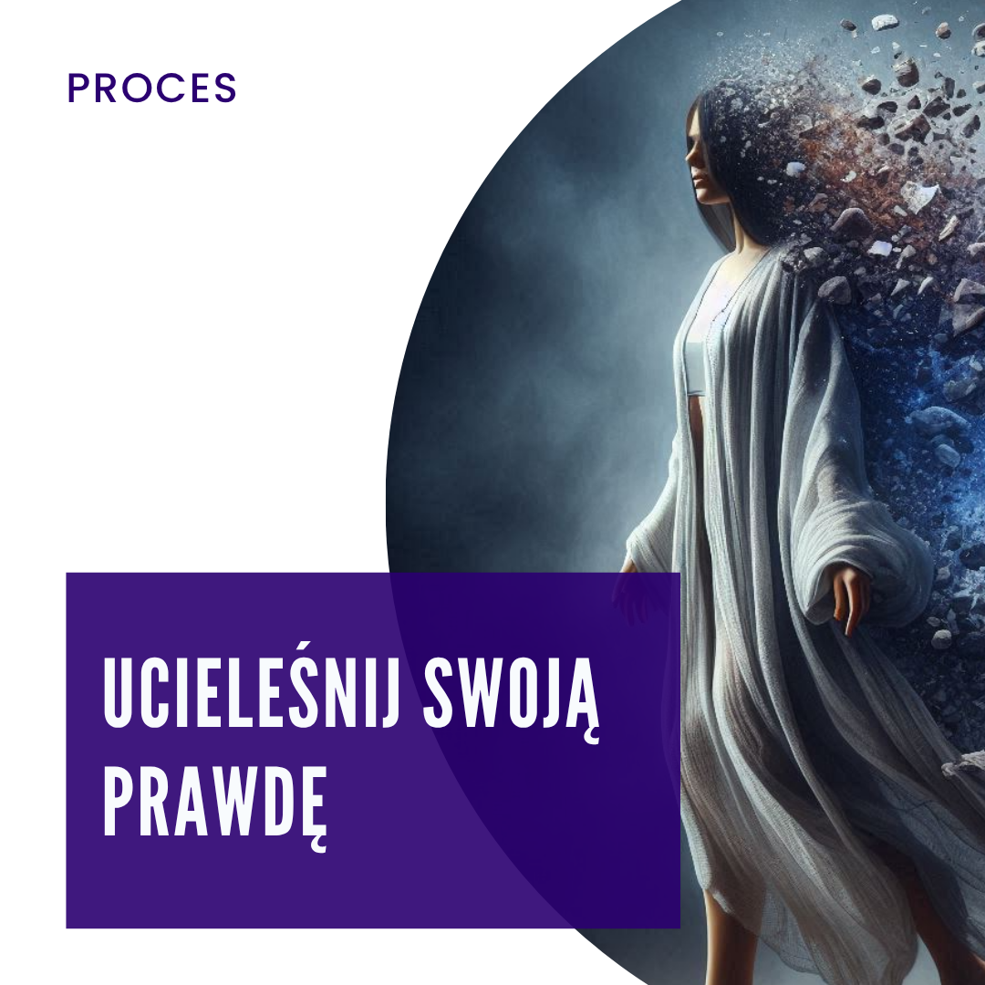 Surrealistyczna grafika kobiety w jasnej szacie, której sylwetka rozpada się w unoszące się odłamki, z napisem „Ucieleśnij swoją prawdę”.