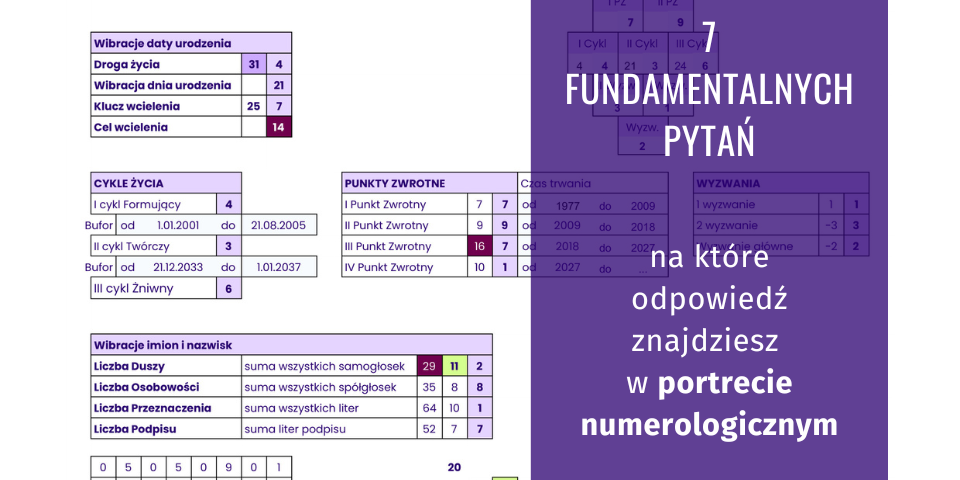 Przykładowy portret numerologiczny pokazujący Drogę Życia, Liczbę Duszy, Liczbę Osobowości, cykle życia, punkty zwrotne i wyzwania numerologiczne. Grafika ilustruje 7 fundamentalnych pytań, na które odpowiada analiza numerologiczna.