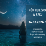 Nów Księżyca w Raku 14 lipca 2026 – nocny krajobraz z księżycem nad wodą, symbolizujący nowy początek i energię nowiu.