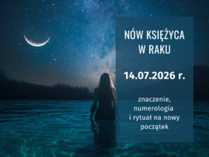 Nów Księżyca w Raku 14 lipca 2026 – nocny krajobraz z księżycem nad wodą, symbolizujący nowy początek i energię nowiu.