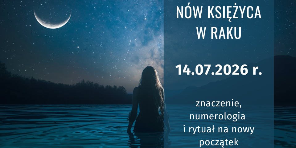 Nów Księżyca w Raku 14 lipca 2026 – nocny krajobraz z księżycem nad wodą, symbolizujący nowy początek i energię nowiu.