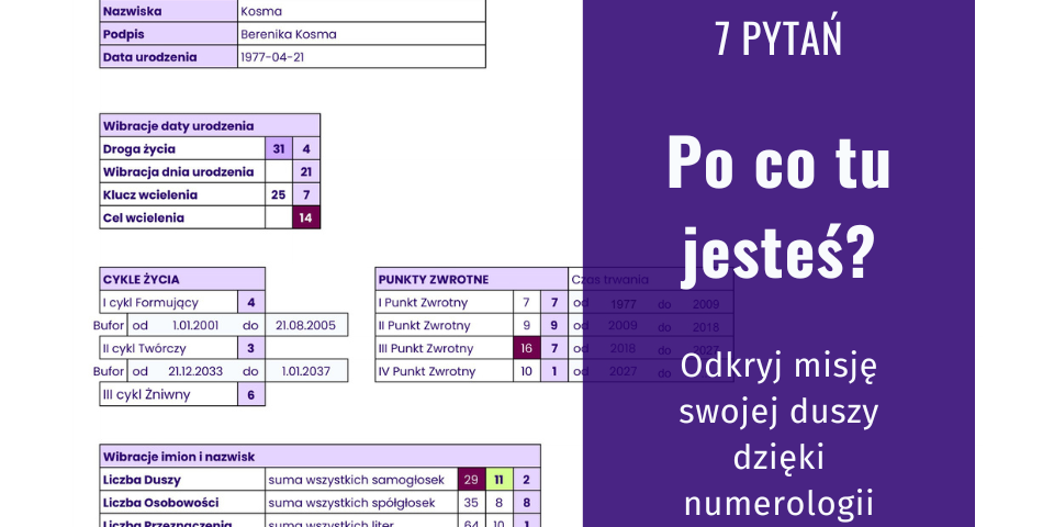 Portret numerologiczny pomagający odkryć cel życia i misję duszy.
