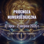 Grafika przedstawiająca prognozę numerologiczną na tydzień 27 lipca – 2 sierpnia 2026 z motywem Bramy Lwa, geometrycznym układem liczb i planet oraz napisem „Prognoza numerologiczna”