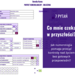 Grafika z napisem „7 pytań. Jak numerologia pomaga przejąć kontrolę nad życiem bez gotowych przepowiedni?” na fioletowym panelu, umieszczonym na tle arkusza z obliczeniami portretu numerologicznego.