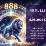 Portal 8.8 i Brama Lwa 2026 – lew otoczony astrologicznym kręgiem i liczbą 888, symbolizujący energię manifestacji oraz numerologię 8 sierpnia 2026 roku.