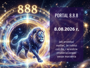 Portal 8.8 i Brama Lwa 2026 – lew otoczony astrologicznym kręgiem i liczbą 888, symbolizujący energię manifestacji oraz numerologię 8 sierpnia 2026 roku.