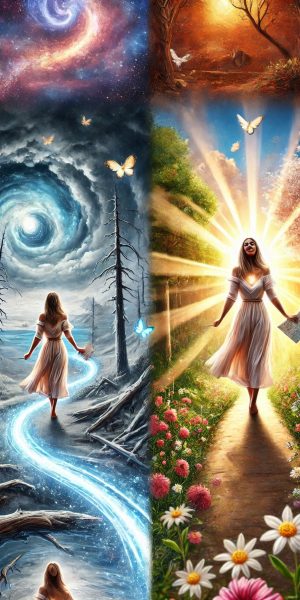 obraz przedstawiający kobietę idącą wzdłuż świetlistej, wijącej się ścieżki, symbolizującej wewnętrzną podróż i przemianę. W tle zmieniają się krajobrazy: od ciemnego, burzowego nieba z powalonymi drzewami symbolizujące trudności i blokady do jasnego, pełnego światła lasu z kwitnącymi kwiatami i delikatnym promieniowaniem symbolizujące nowy początek i harmonię. Kobieta promienieje spokojem i pewnością siebie, trzymając w rękach mapę oznaczoną sercem jako celem podróży. Ubranie kobiety zmienia się od prostego do bogatego w detale, odzwierciedlając jej wewnętrzną przemianę. Kolory w odcieniach indygo