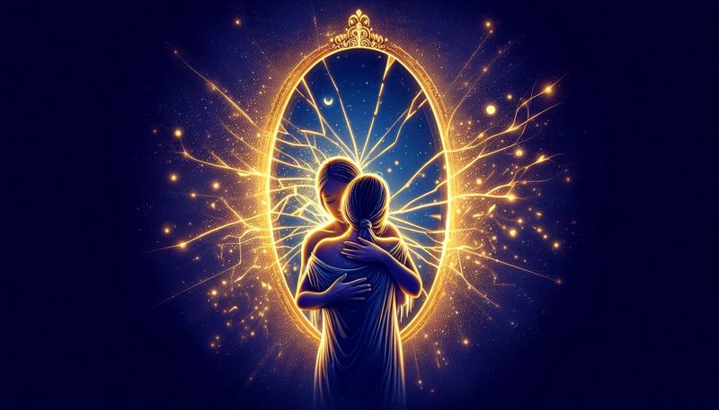 Grafika Przestrzeń Wiedźmy - dwie postacie kobiece obejmujące się poprzez portal energetyczny